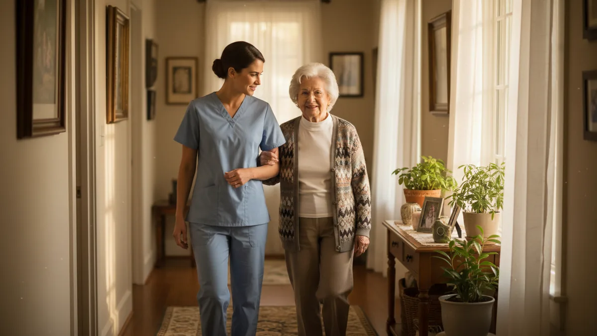 A caregiver supporting a senior woman as they walk together through a bright hallway