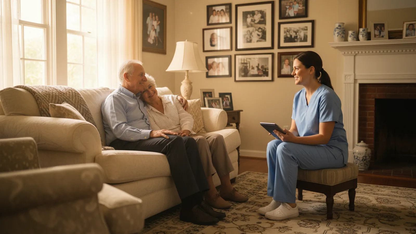 A caregiver and an older adult walking together through a bright hallway at home