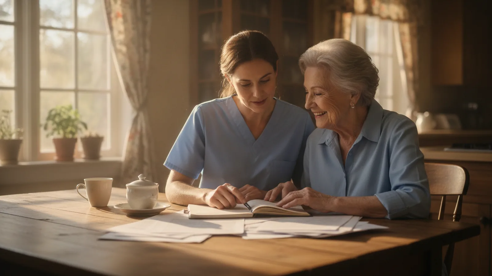 A caregiver and an older adult reviewing paperwork together at a kitchen table at home