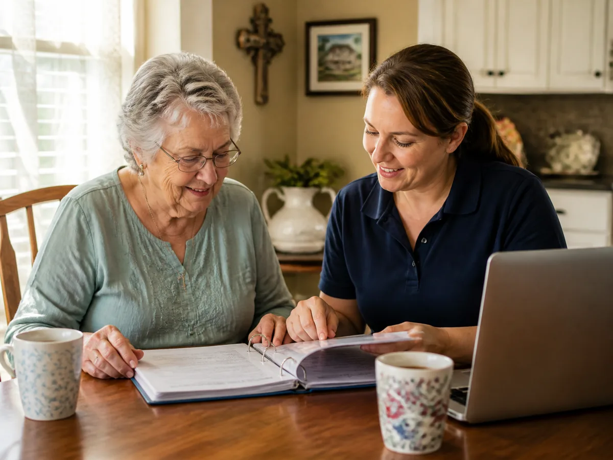 An older woman and her caregiver reviewing application paperwork together at a sunlit kitchen table