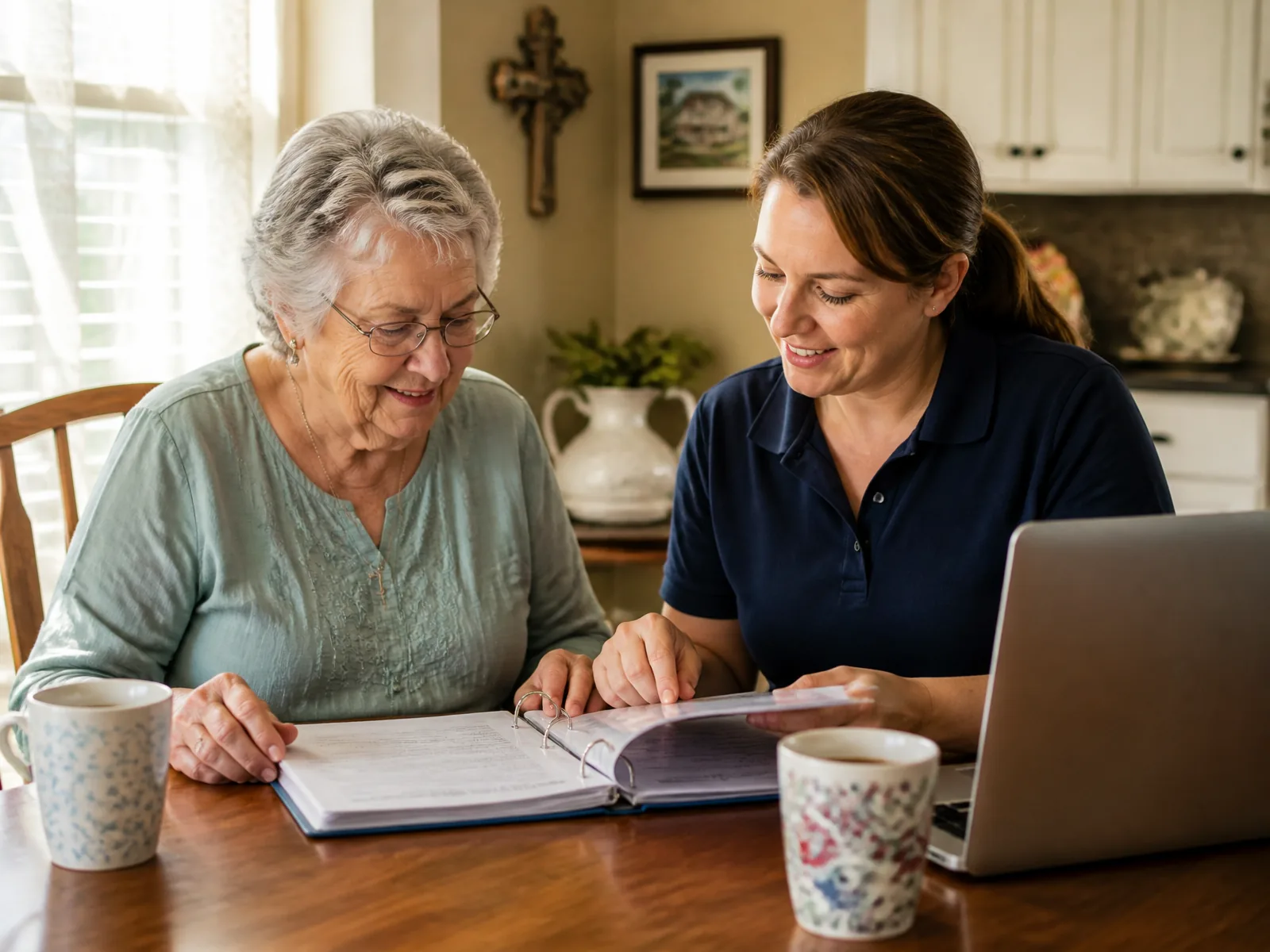 An older woman and her caregiver reviewing application paperwork together at a sunlit kitchen table