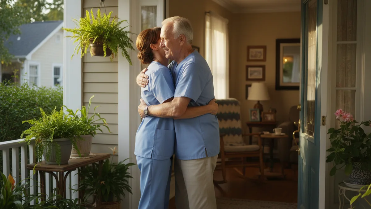 A caregiver checking in warmly with an older adult in the living room of their home