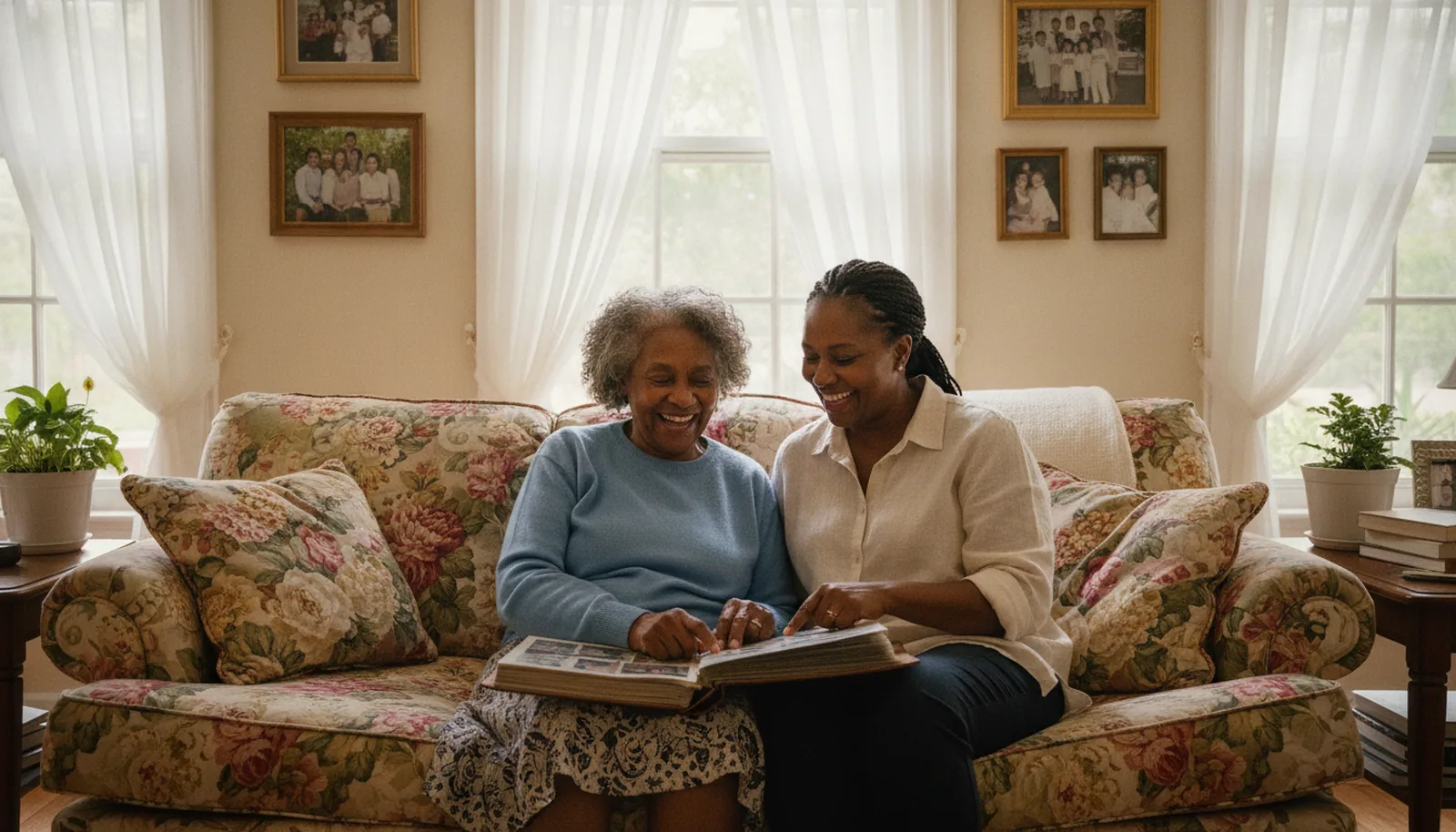 An elderly woman and her caregiver laughing together over a family photo album in a bright sunlit living room