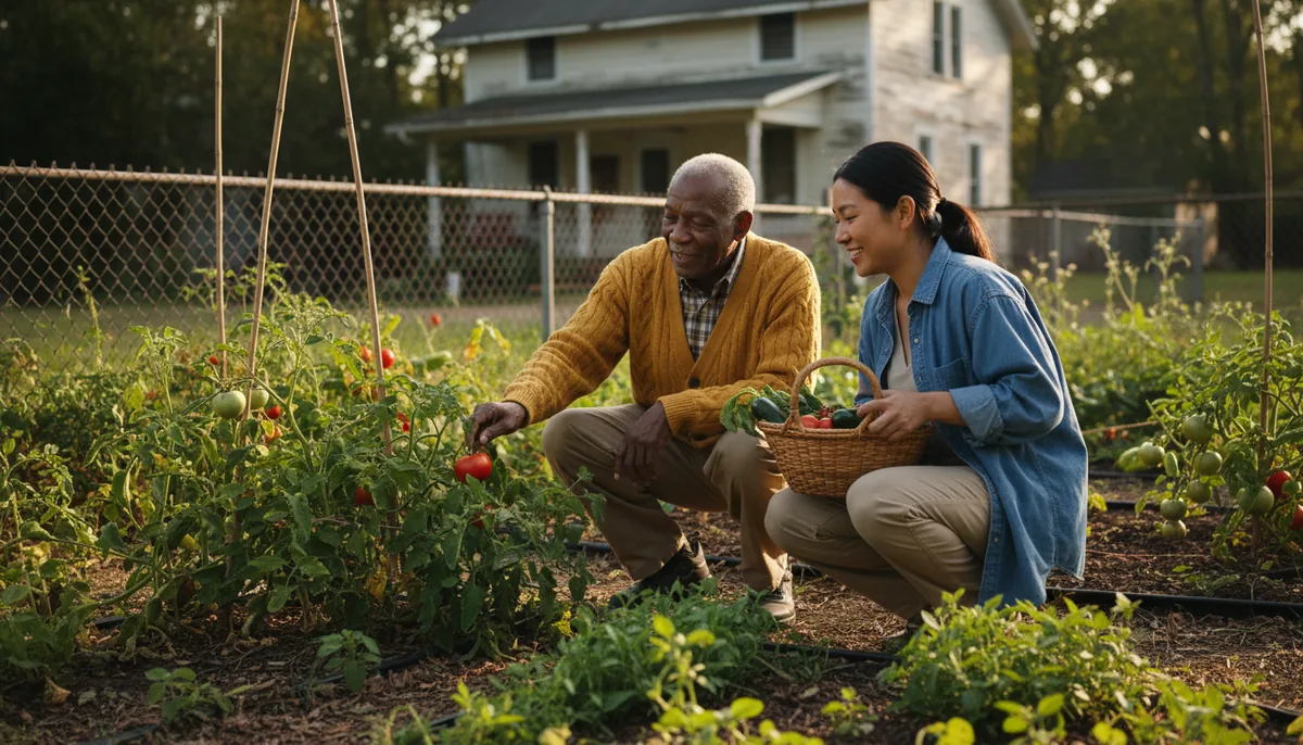 An elderly man and his caregiver picking ripe tomatoes together in his backyard vegetable garden