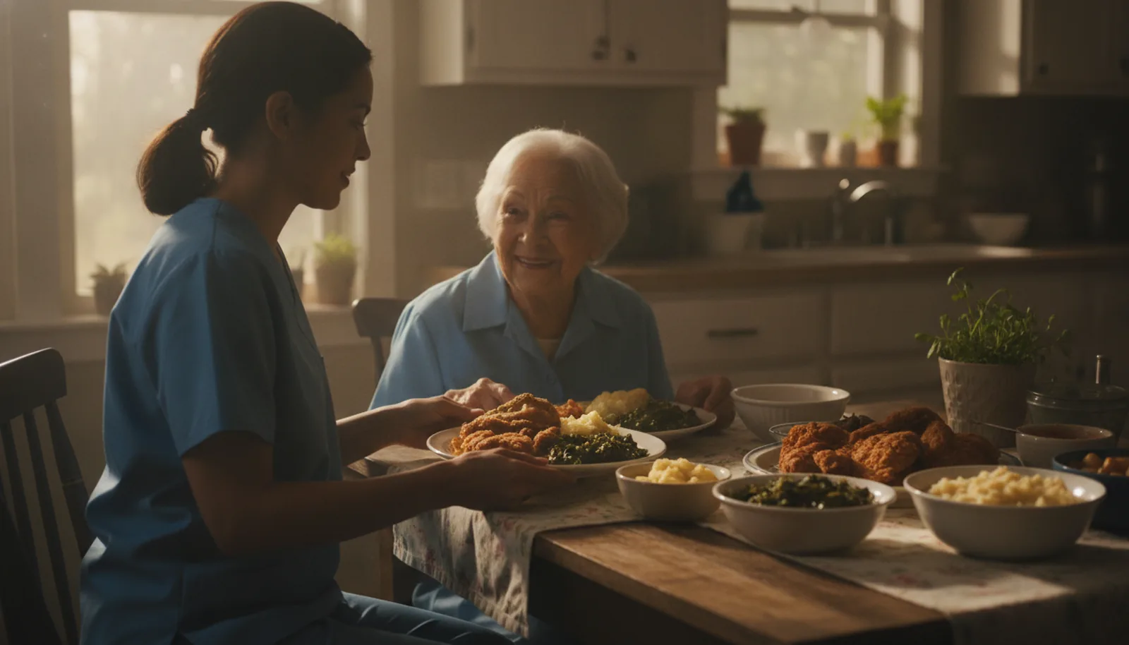 A caregiver setting a home-cooked meal on the table for a smiling senior woman