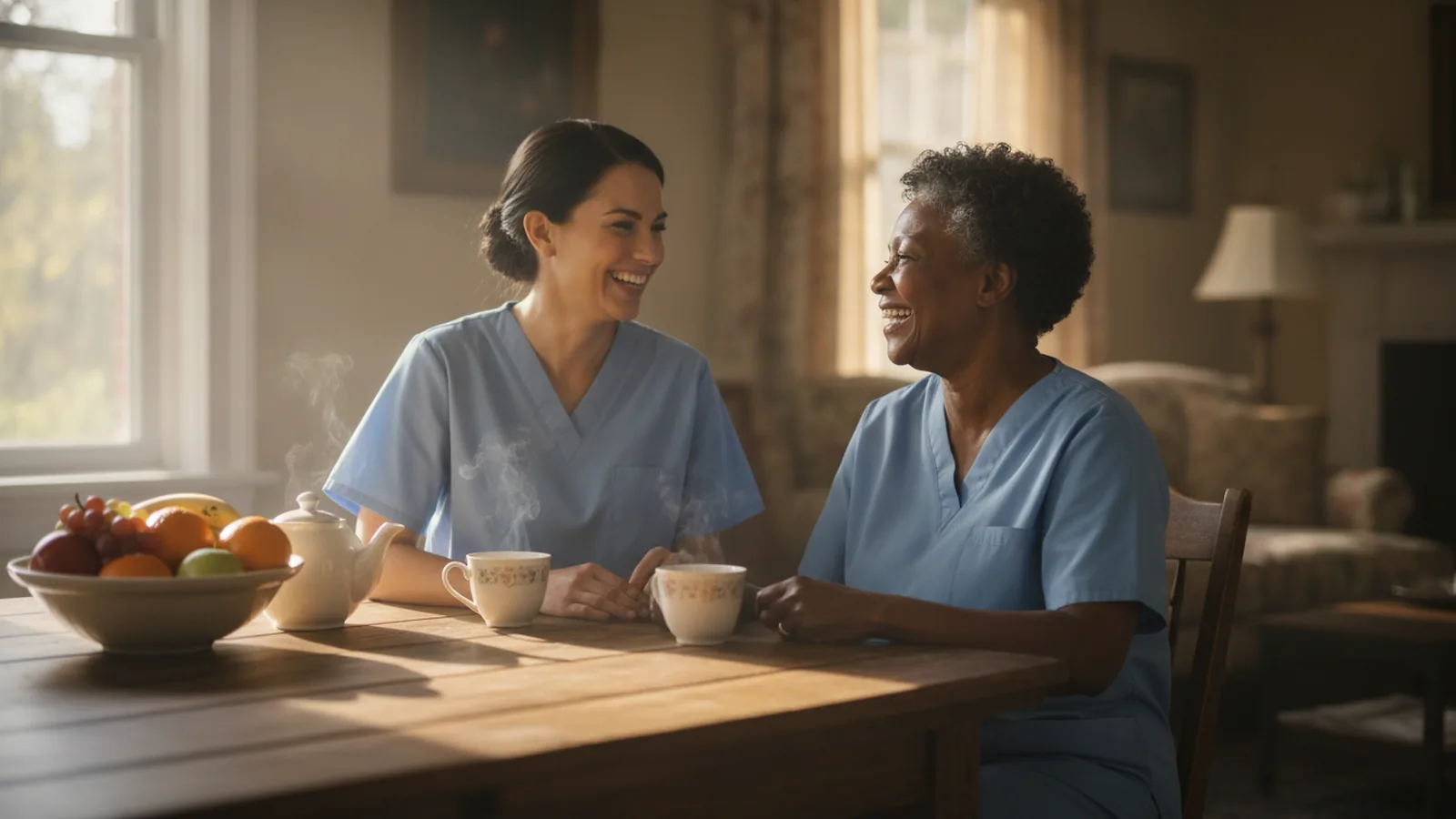 Two caregivers sharing tea and laughter with a senior woman in a sunlit kitchen