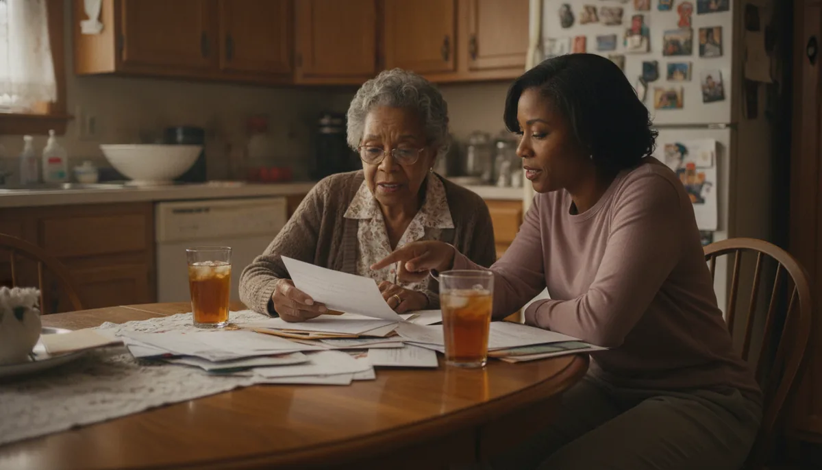 An elderly woman and her caregiver sorting household mail and bills together at her kitchen table