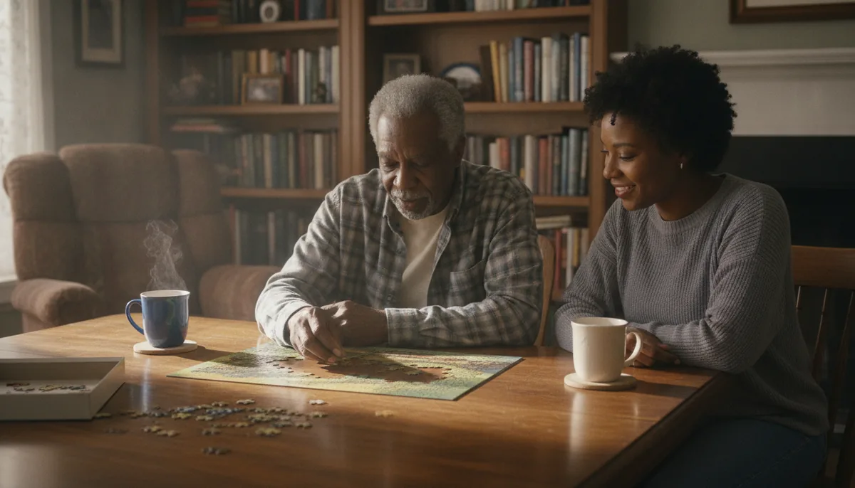 An elderly man and his caregiver working on a jigsaw puzzle together at his dining table