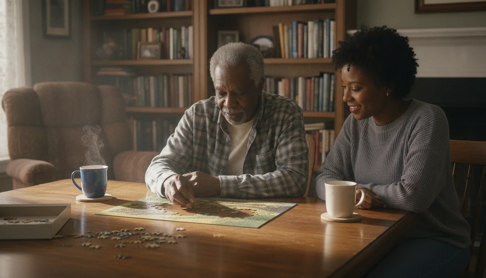 An elderly man and his caregiver working on a jigsaw puzzle together at his dining table